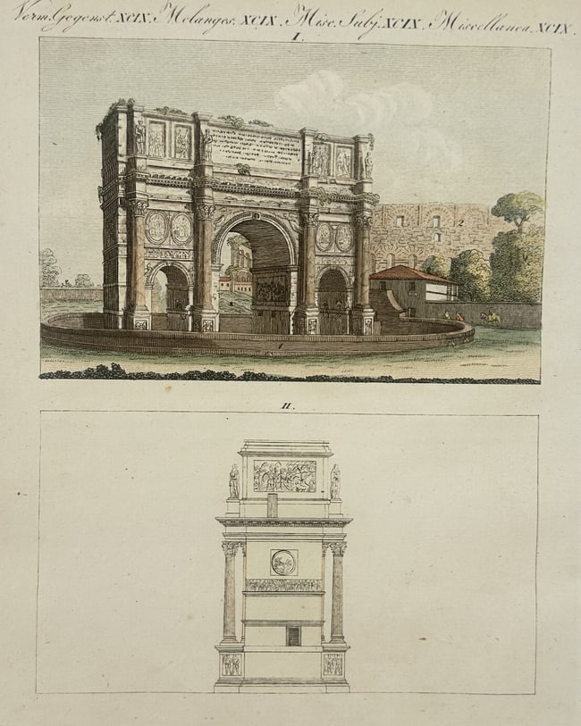 Friedrich Justin Bertuch (1747–1822) – View of the Arch of Septimius Severus and an: "View of the Arch of Septimius Severus and an Architectural Pedestal" consists of two hand-coloured etchings featuring classical Roman architecture and design elements. The upper image illustrates the