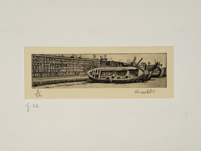 Sir Muirhead Bone (1876–1953) – The Ship-Breaker – etching (1910): "The Ship-Breaker" is a detailed maritime study depicting several large wooden ship hulls being dismantled along a harbor quay. The etching captures the industrial process of breaking down vessels wit