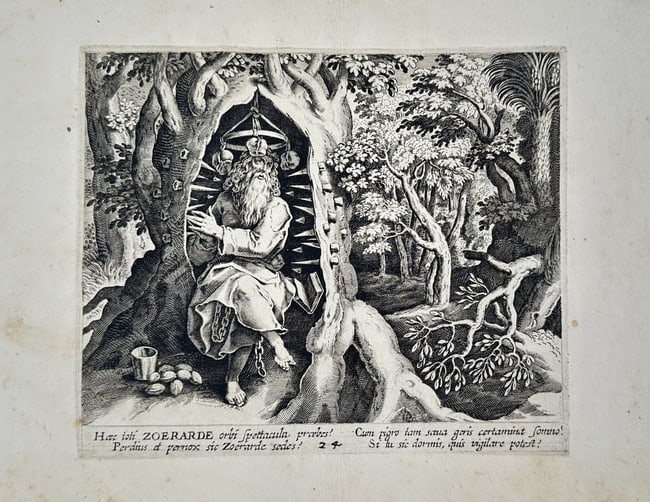 Johannes Sadeler I (1550–1600) – The Hermit Soerardus in a Hollow Tree - Copperplate engraving (1 of 2)