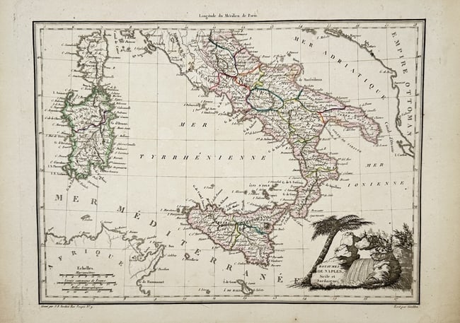 Jean-Denis Tardieu (1763–1830) – Map of the Kingdoms of Naples, Sicily, and Sardinia: Royaumes de Naples, Sicile et Sardaigne. This engraving presents a detailed cartographic study of Southern Italy and the major Mediterranean islands during the post-Napoleonic Restoration period. The