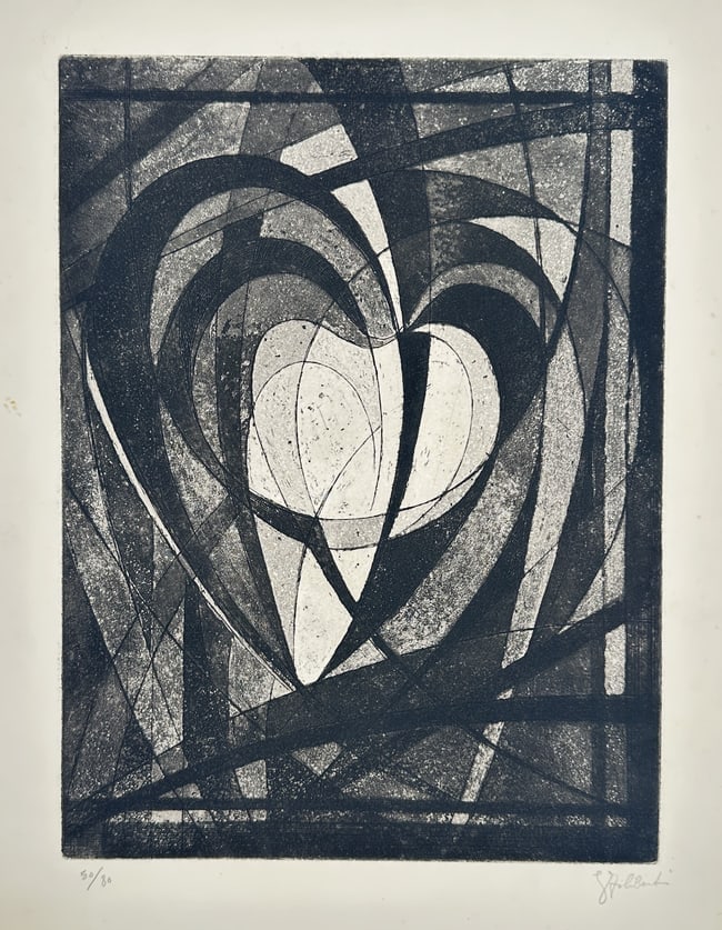 Georges Guido Filiberti (1923–2010) – Heart – Etching and aquatint (20th Century): This abstract graphic work centers on a stylized heart motif, rendered through a complex interplay of geometric lines and textured tonal planes. The central heart is formed by overlapping, arcing blac