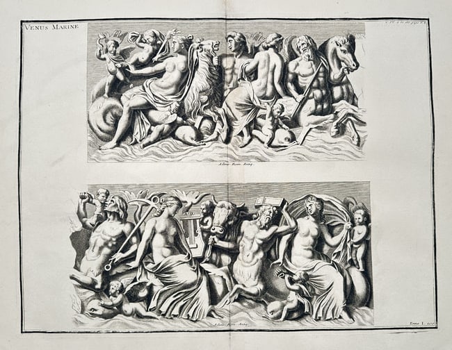 Pietro Santi Bartoli (1635–1700) – Marine Venus (Upper and Lower Frieze): This engraving is divided into two frieze panels, both depicting scenes involving the goddess Venus in a marine context. The upper panel, titled "Venus Marine," shows Venus riding a sea monster (possi