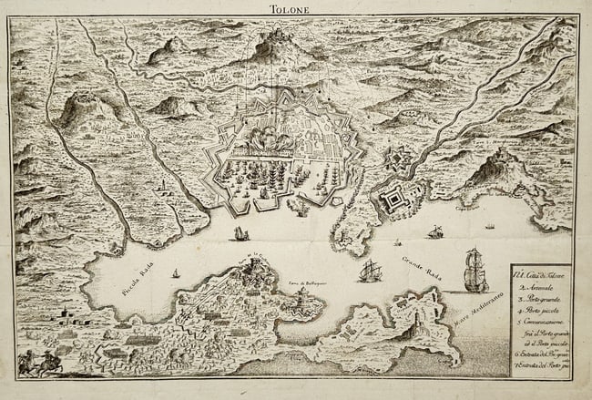 Alain Manesson Mallet (1630–1706) – Plan of Toulon – France – Engraving (1685): "Tolone." This engraving presents a detailed bird's eye view and topographical plan of the port city of Toulon on the Mediterranean coast of France. The work illustrates the city's strategic harbor, s