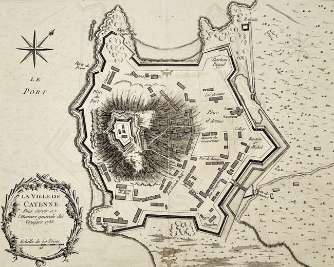 Antoine-François Prévost – Plan of the City of Cayenne – French Guiana – Engraving (1753): "La Ville de Cayenne." This engraving presents a detailed topographical and military plan of Cayenne, the capital of French Guiana, as it appeared in the mid eighteenth century. The work illustrates t