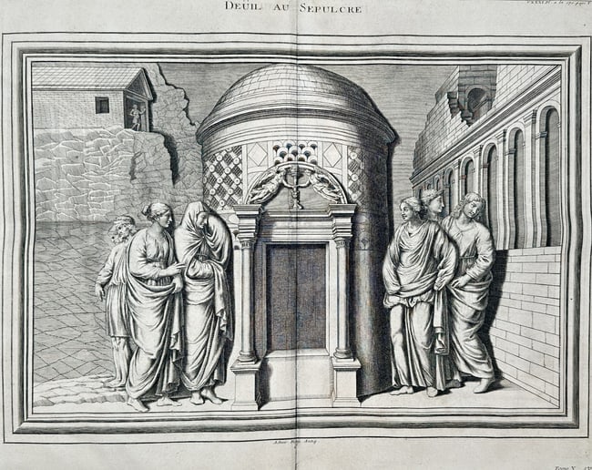 Pietro Santo Bartoli (1635–1700) – Mourning at the Sepulchre – Engraving (18th Century): "Deuil au Sepulcre." This engraving presents a detailed depiction of a classical funerary scene, centered on a monumental circular domed tomb or tholos adorned with intricate decorative patterns and a