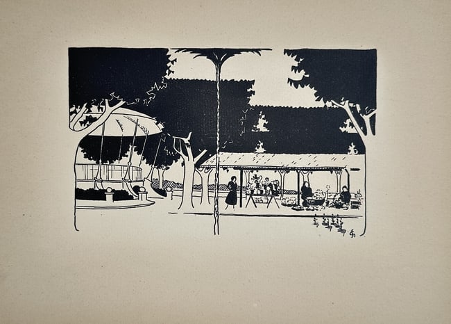 Gaston-Stéphane – Outdoor Scene with Kiosk and Figures – Illustration (1923): This illustration, created in a high-contrast Art Déco style, represents an open-air scene within a garden or park, in Cannes. The composition is dominated by a large volière or decorative birdcage 