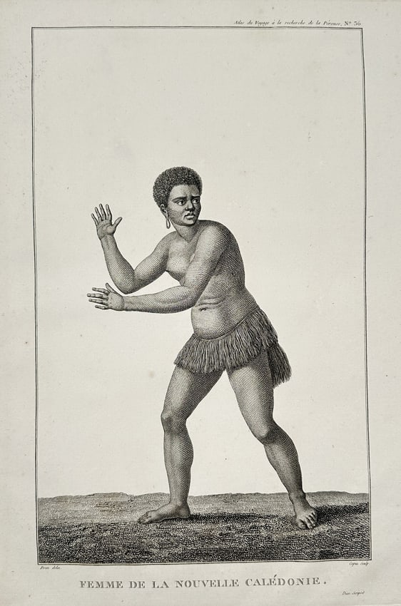 Jean Piron (Active c. 1791–1794) – Woman of New Caledonia – Engraving (c. 1800): This ethnographic portrait of the Woman of New Caledonia. The engraving depicts a standing figure in a defensive or expressive posture, wearing a skirt made of vegetation. This image originated from t