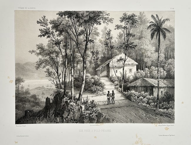 Louis-Auguste de Sainson (1800–1887) – View of Prise a Pulo-Penang – Lithograph: This topographical and ethnographic print is titled View of Prise a Pulo-Penang.The highly detailed rendering of the architecture and landscape suggests its origin in an official travel publication.Lo