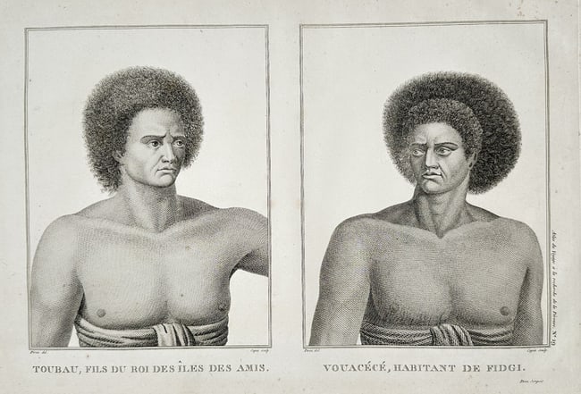 Jean Hubert Piron – Toubau, Son of the King of the Friendly Isles and Vouacéké: This engraving presents two ethnographic portrait studies: on the left, "Toubau, Fils du Roi des Iles des Amis" (Toubau, son of the King of the Friendly Islands, Tonga), and on the right, "Vouacéké,
