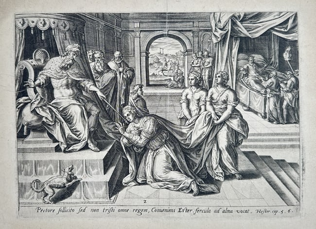 Jan Collaert I (c. 1530–1580) – Esther Before King Ahasuerus – Engraving: This biblical engraving depicts the scene of Esther Before King Ahasuerus, a pivotal moment from the Old Testament Book of Esther. The scene is set in an elaborate Renaissance palace interior. Queen E