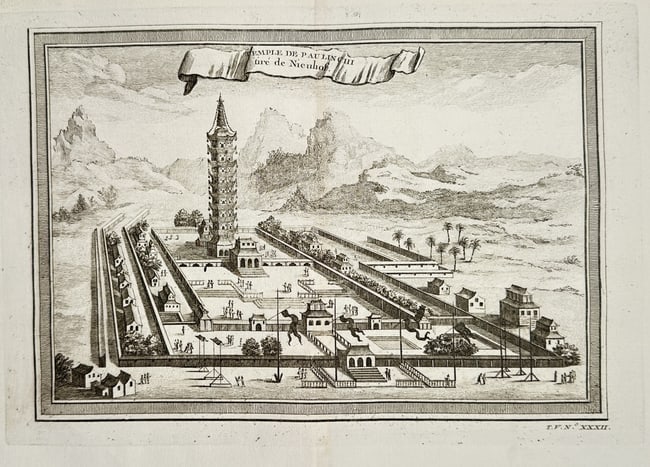 Jacques-Nicolas Bellin (1703–1772) – Temple of Pau Lin Chi, near Nankin (China): This topographical print depicts the Temple of Pau Lin Chi (also known as the Porcelain Pagoda) located near Nanking (Nanjing), China. The view is presented from a raised perspective, showing the temp