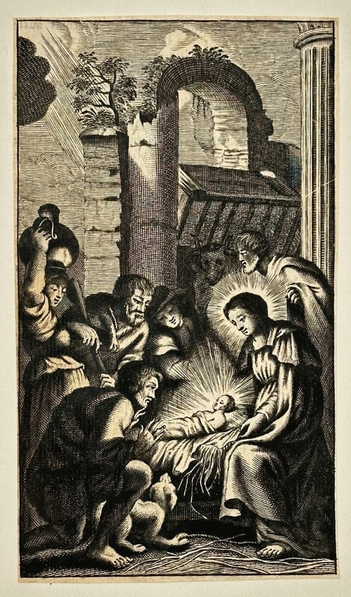 Lucas Vorsterman (1595–1675), after Peter Paul Rubens (1577–1640) – The Adoration of the: This devotional engraving is a small-format copy of a larger composition, depicting The Adoration of the Shepherds, a subject set near Bethlehem. The scene is set in a ruinous, stable-like structure w