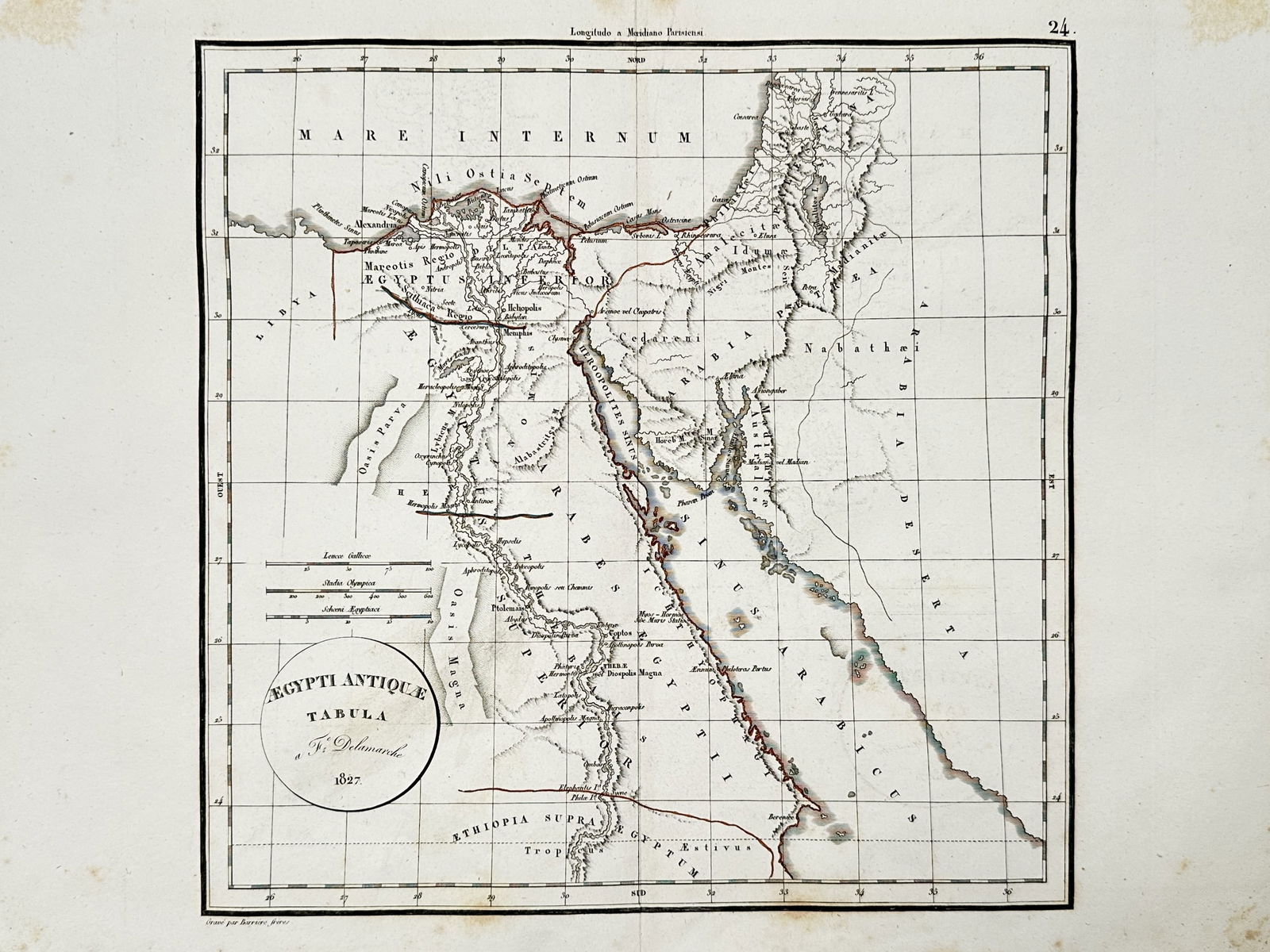 Felix Delamarche (18th - 19th Century) – Map of Ancient Egypt – Egypt – Etching (1827): Egypti Antiquae Tabula a F. Delamarche 1827. This work depicts the geography of ancient Egypt, showing the course of the Nile River, the Red Sea, and the surrounding regions of the Near East. It was p