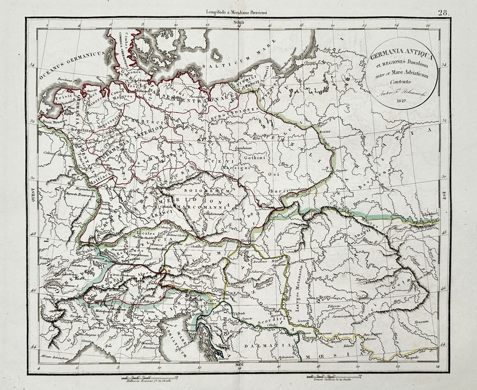 Felix Delamarche (1789-1830) – Map of Ancient Germania – Germany – Etching (1827) (1 of 2)