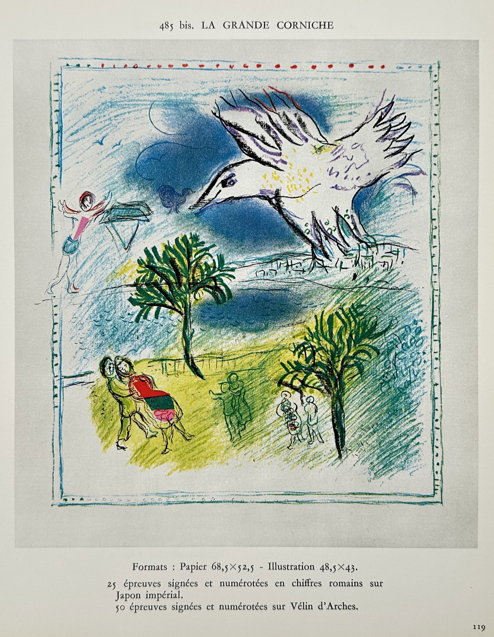 Marc Chagall (1887-1985), after – La Grande Corniche – Offset print (20th Century): "La Grande Corniche" depicts a large bird soaring above a coastal landscape with figures. This work appears in a catalog of the artist's graphic works documenting the creation and publication of his p