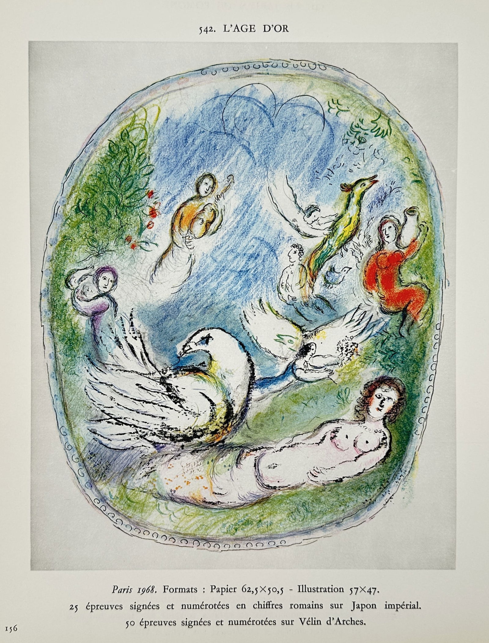 Marc Chagall (1887-1985), after – The Golden Age – Offset print (20th Century): "L'Age d'Or" depicts an allegorical scene featuring various figures, a swan, birds, and a reclining woman, set within an oval border. This work is an offset print from a catalog documenting the graphi