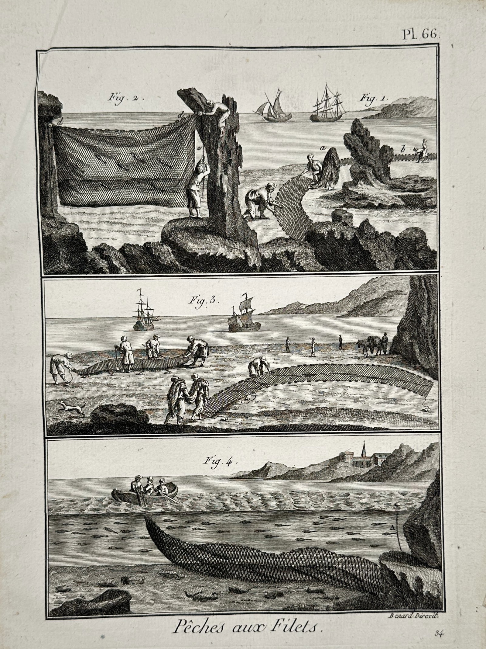 Robert Benard (1734-1785) – Fishing with Nets – Engraving (1765): "Pêches aux Filets" illustrates diverse techniques for fishing with nets, capturing both coastal and boat-based methods. This engraving originates from the Encyclopedie, ou Dictionnaire raisonne des 
