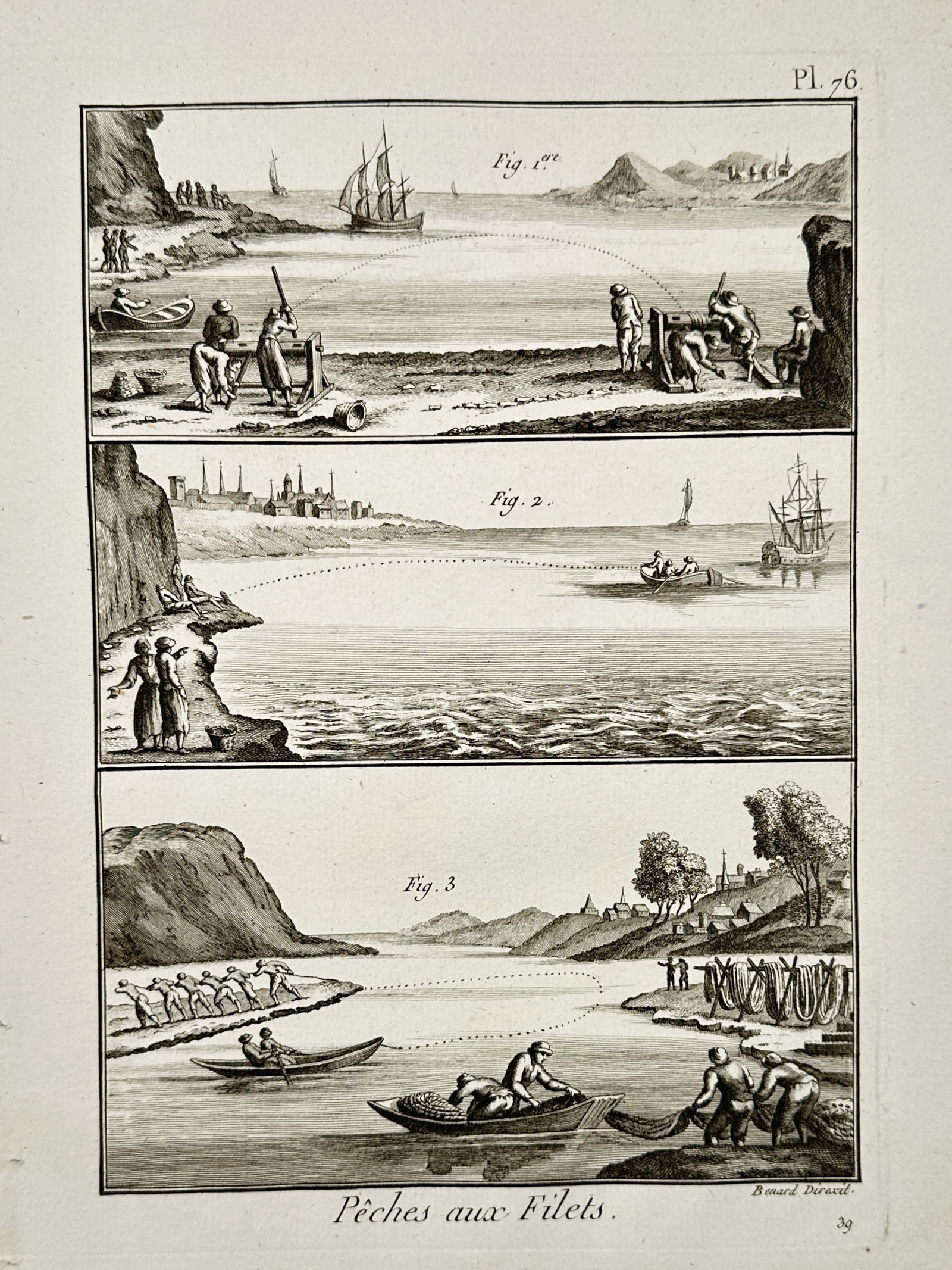 Robert Benard (1734-1785) – Methods of Net Fishing – Engraving (1765): Pêches aux Filets illustrates techniques for fishing with nets involving nets cast from shore or boats. This engraving comes from the Encyclopedie, ou Dictionnaire raisonne des sciences, des arts et 