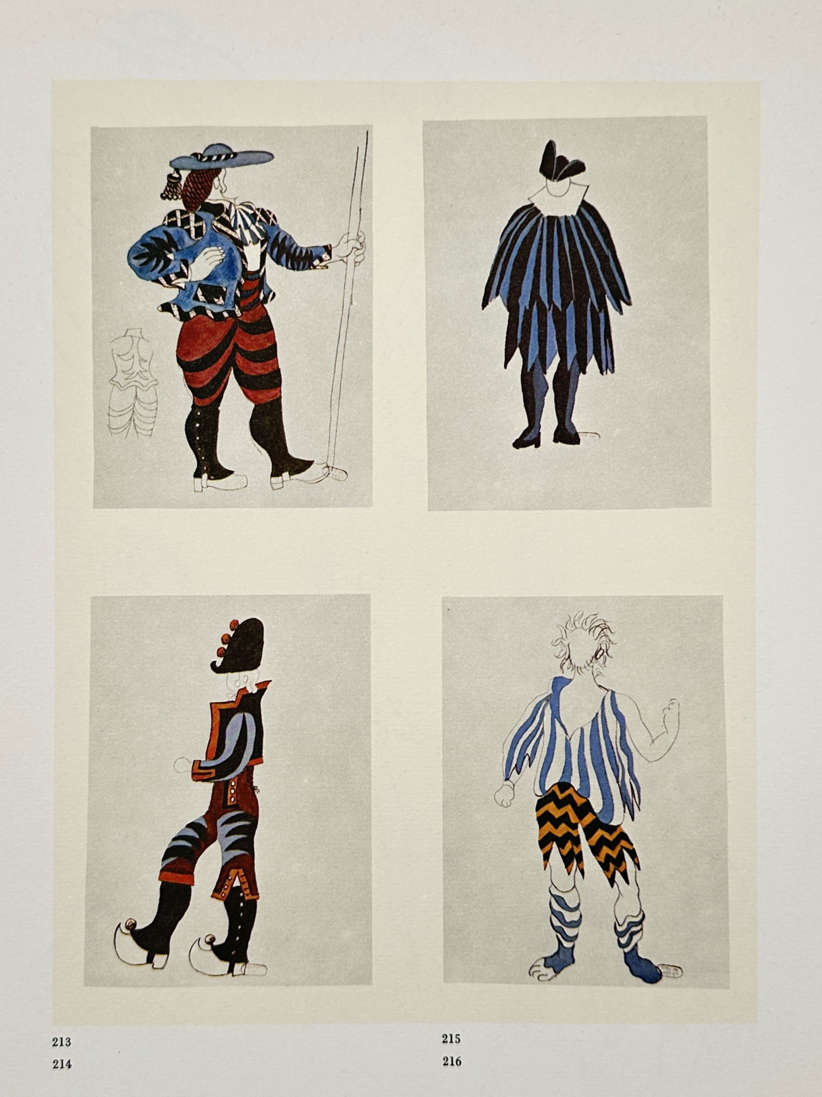 Pablo Picasso (1881–1973), after – Costume Designs – Offset print (20th Century): These costume designs depict stylized figures in patterned attire, rendered in a modern aesthetic. This work is an offset print attributed to Pablo Picasso, a prolific 20th-century Spanish artist know