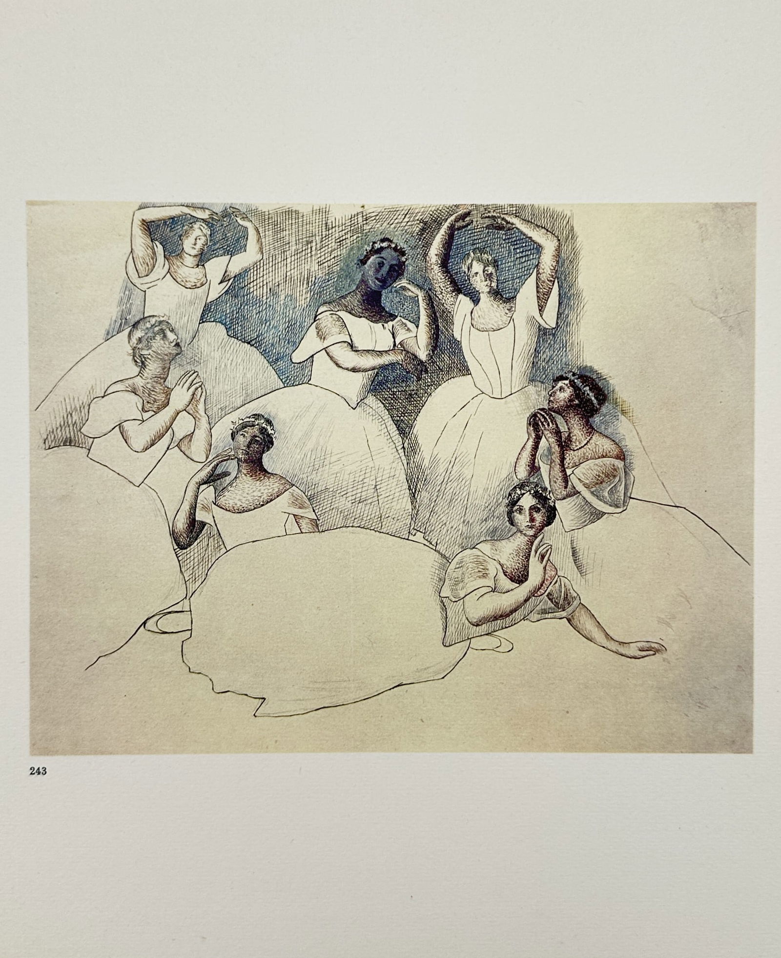 Pablo Picasso (1881–1973), after – Costume and Figure Studies – Offset print (20th Century): These prints depict stylized figures, including costume designs with patterned attire and a group of women in formal dress, executed in a modern aesthetic. This work is an offset print attributed to P