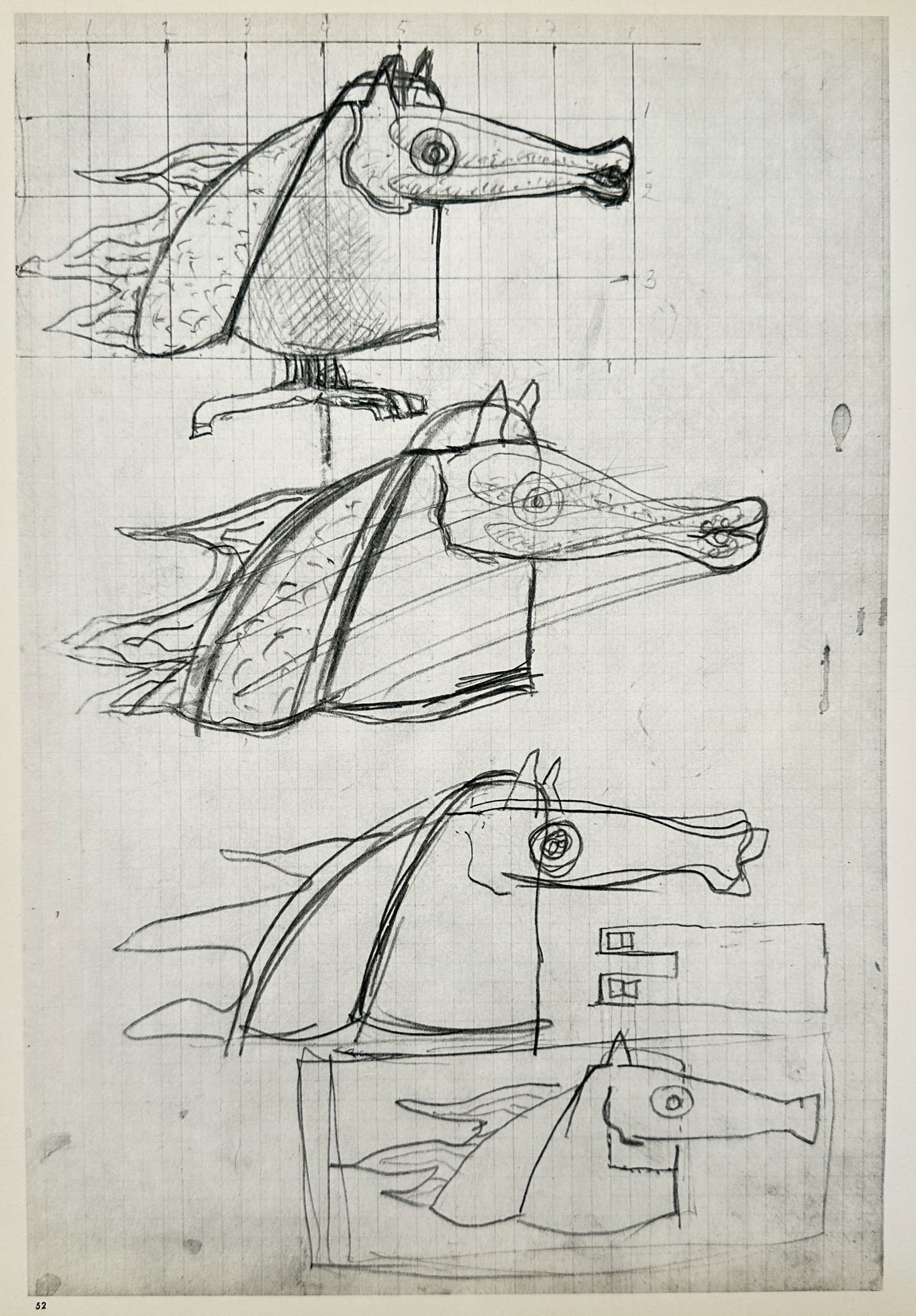 Georges Braque (1882-1963), after - Sketches of a Horse Head - Offset print (20th Century): Sketches of a Horse Head depicts a series of developmental drawings of a horse head arranged within a grid layout, showcasing different stages and variations of the form. This work is an offset print