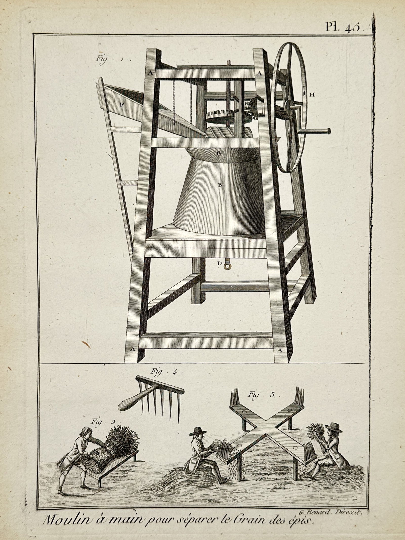 Robert Benard (1734-1777) - Technical Illustration of a Hand Mill - Engraving (1765): "Moulin a main pour separer le Grain des epis" depicts a mechanical hand-operated mill used to separate grain from ears, alongside illustrations of agricultural tools and laborers. This engraving orig