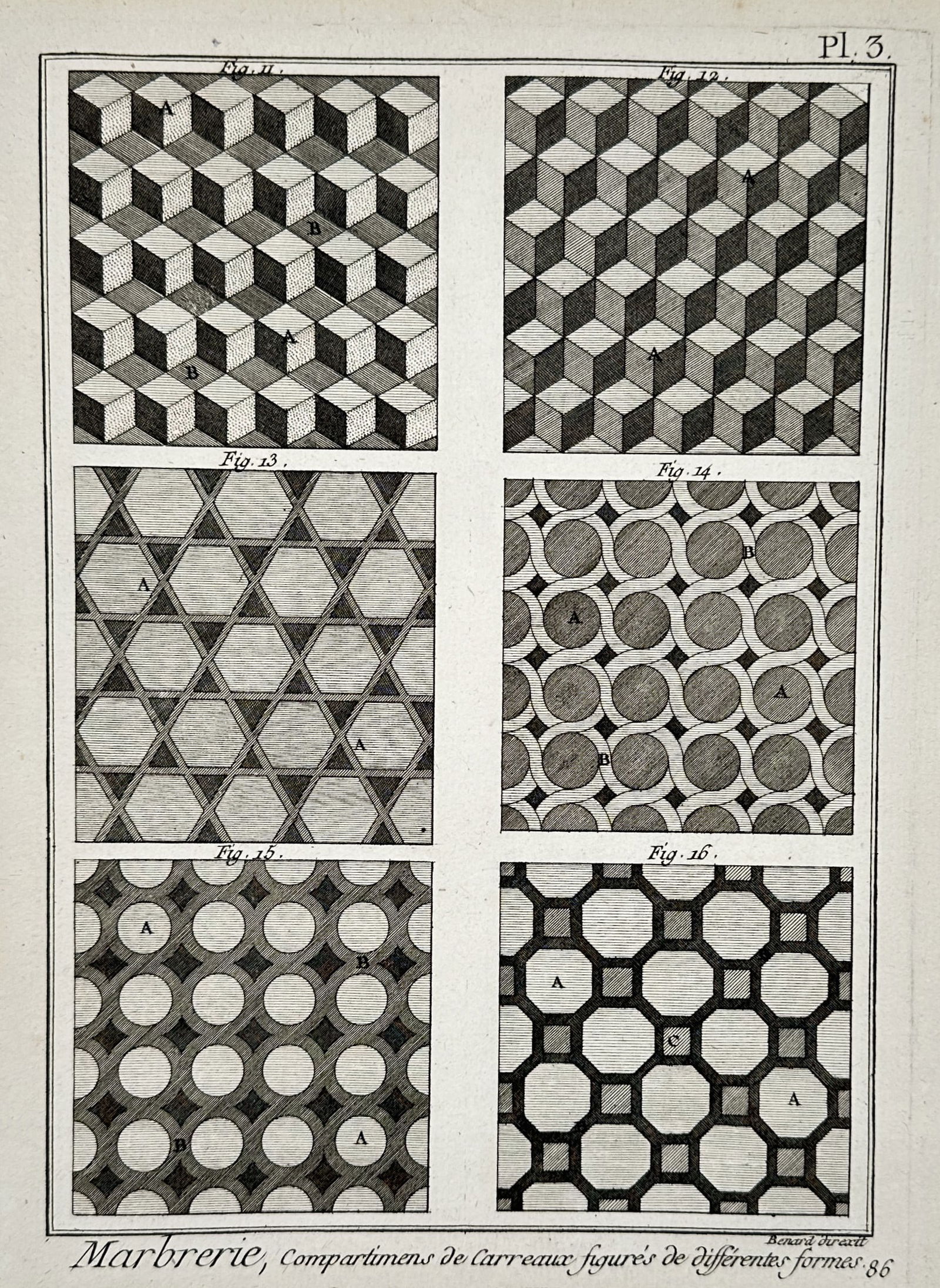 Robert Benard (1734-1777) – Marble tile patterns – Engraving (1765): "Marbrerie, Compartimens de Carreaux figures de differentes formes" illustrates geometric marble tile patterns and structural configurations. This engraving originated from the Recueil de planches for