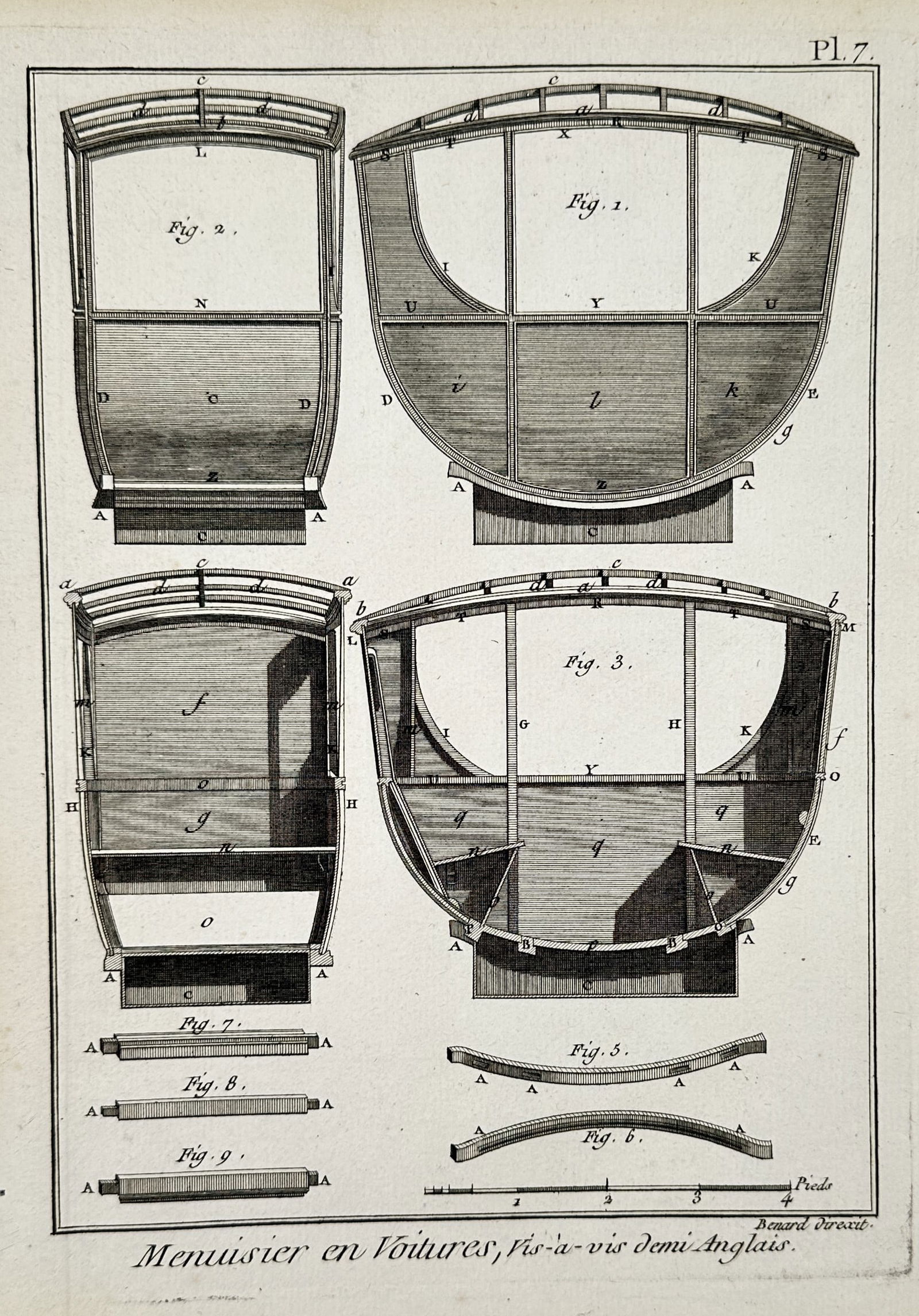 Robert Benard (1734–1777) – Technical Illustration of Carriage Construction – Engraving (1765): "Menuisier en Voitures, Vis-à-vis demi Anglais" illustrates the structural assembly and cross-sections of a carriage, detailing the interior framework, panels, and curved components used in 18th-cent