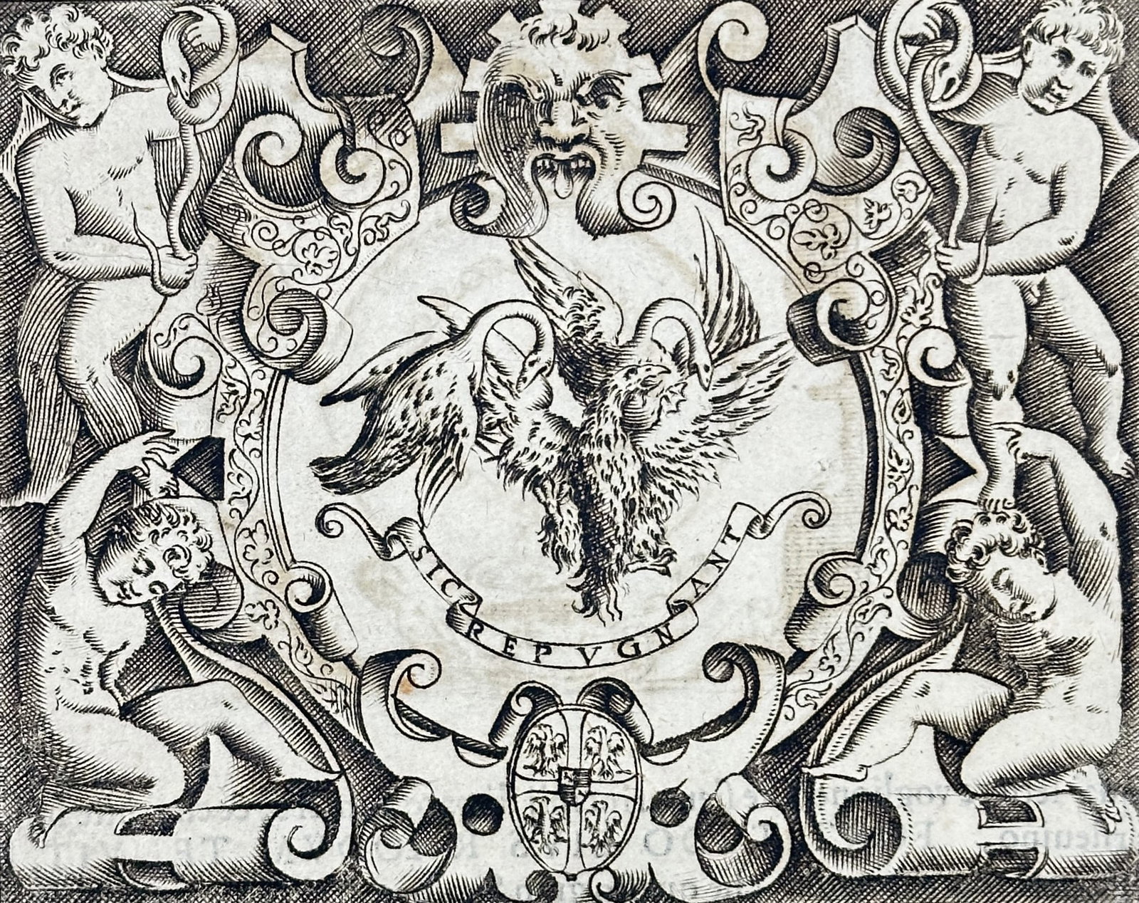Girolamo Ruscelli (1504-1566) – Medallic Emblem of Ercole Gonzaga – Engraving (1583): "ER COLE GONZAGA CAR. DI MANTOVA" depicts the emblem of a swan, which serves as a heraldic symbol. This engraving originates from the publication Le Imprese Illustri, printed in Venice. Girolamo Rusce