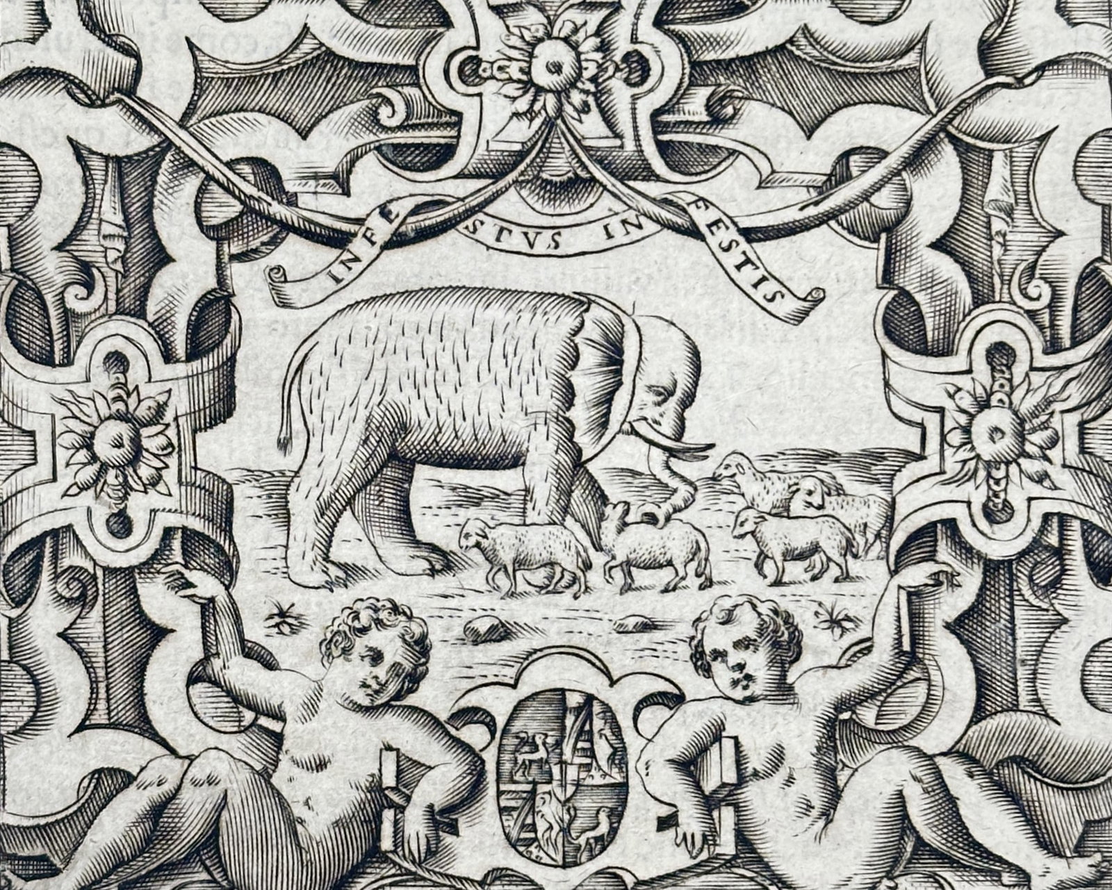 Girolamo Ruscelli (1504-1566) - Emblem of the Elephant - Engraving (1583): "L'Impresa d'Astorre Baglione" depicts an elephant moving through a herd of sheep with its trunk. This engraving originates from the publication Le Imprese Illustri, printed in Venice. Girolamo Ruscel