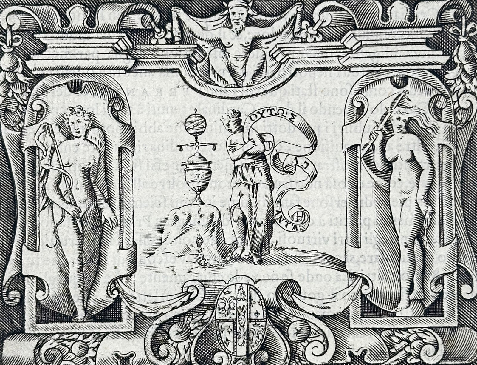 Girolamo Ruscelli (1504-1566) – Emblem of the female figure representing Patience – Engraving: "A Donna Figurata in Questa Impresa" depicts a female figure representing patience, flanked by figures in niches and architectural motifs. This engraving is from the publication Le Imprese Illustri, p