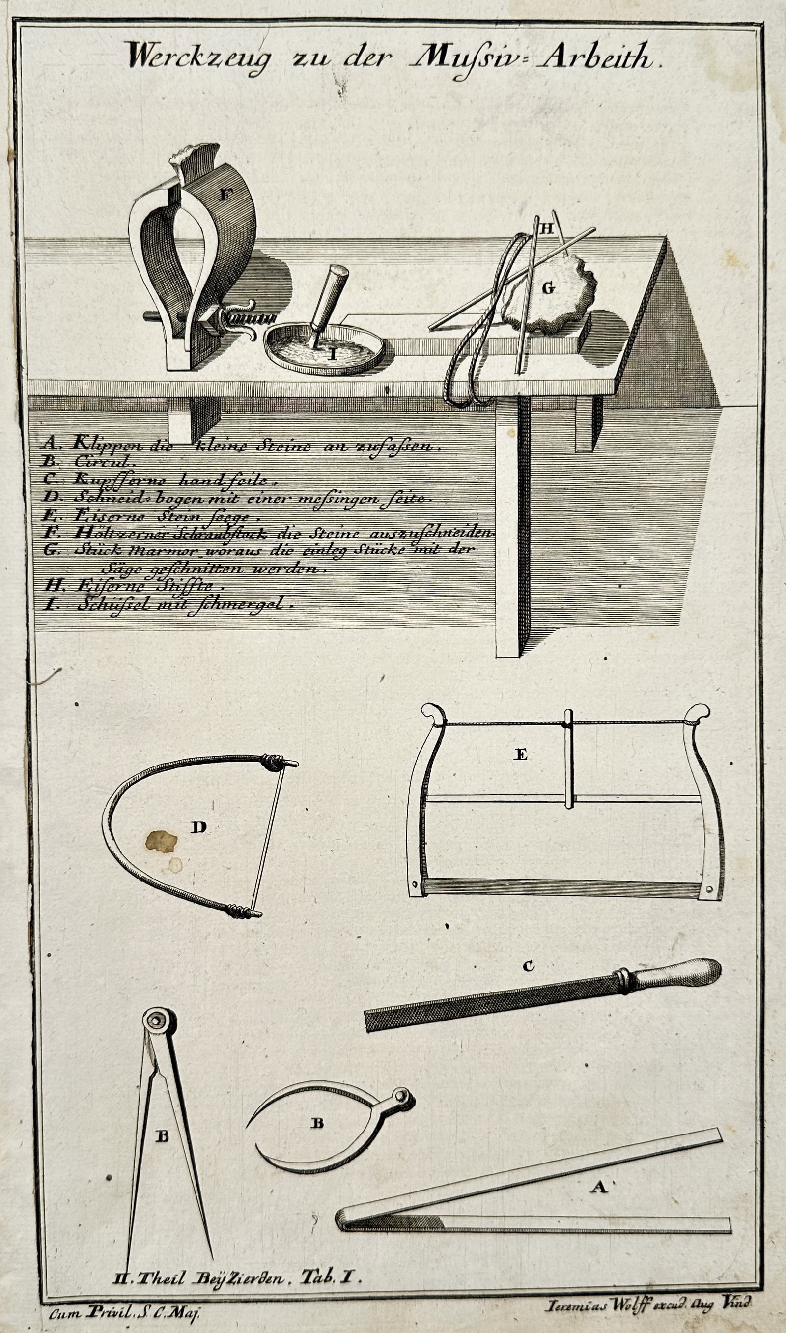 Leonhard Christoph Sturm (1669-1719) – Tools for Mosaic Work – Engraving (18th Century): "Werckzeug zu der Mussiv Arbeith" depicts a collection of tools used for mosaic and inlay work, including saws, files, and clamps arranged on a workbench. This engraving originates from an architectur