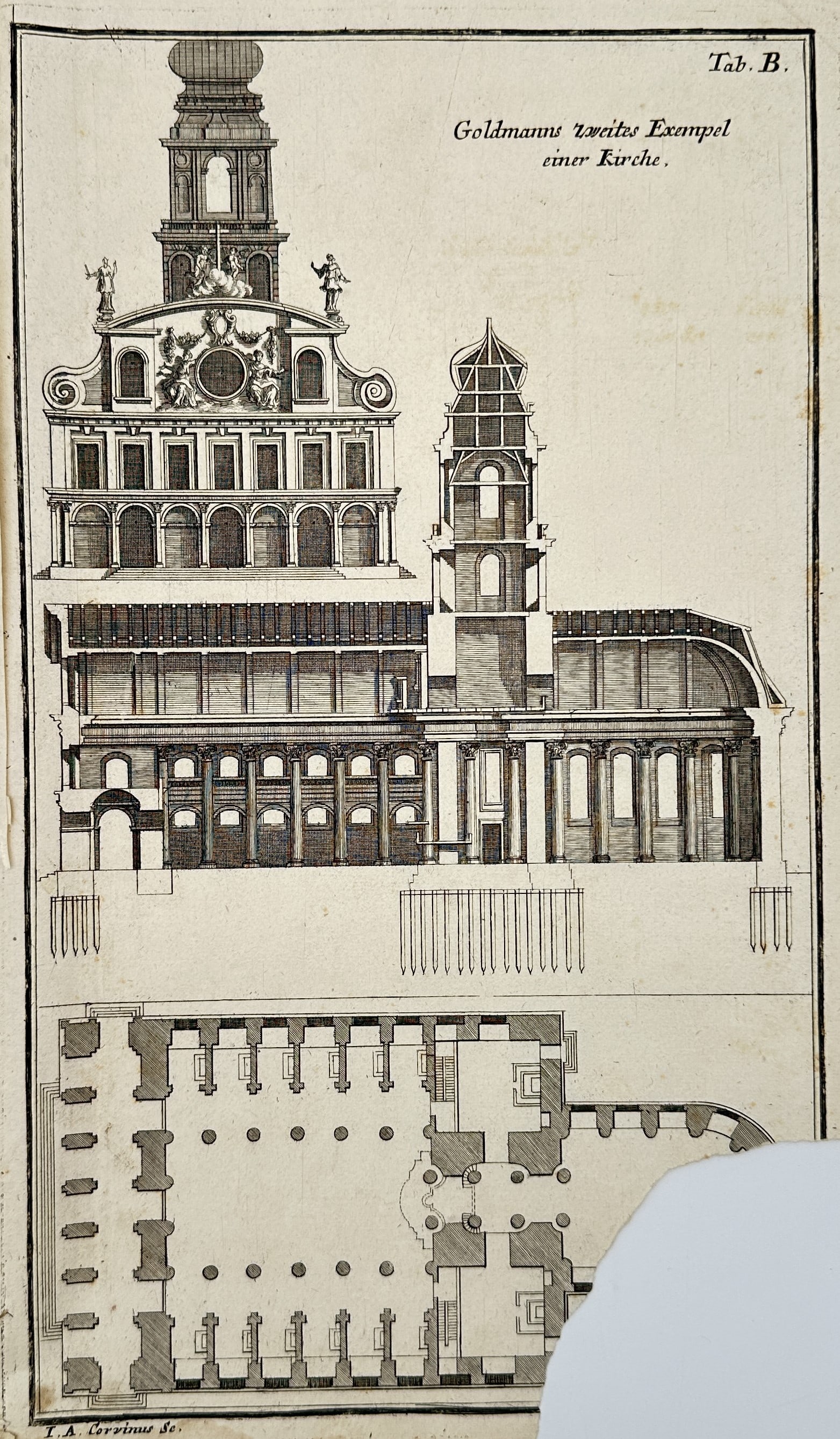 Leonhard Christoph Sturm (1669–1719) – Architectural Design of a Church – Engraving (1 of 3)