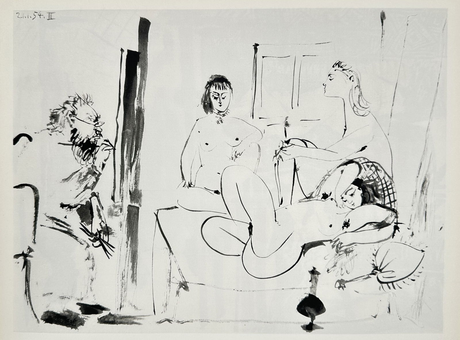 Pablo Picasso (1881–1973) – The Artist and His Models – offset print (20th century): This work depicts an artist at his easel observing a group of female models. It is dated "2.1.54" in the upper left corner, marking it as part of a significant series of drawings created by Picasso in