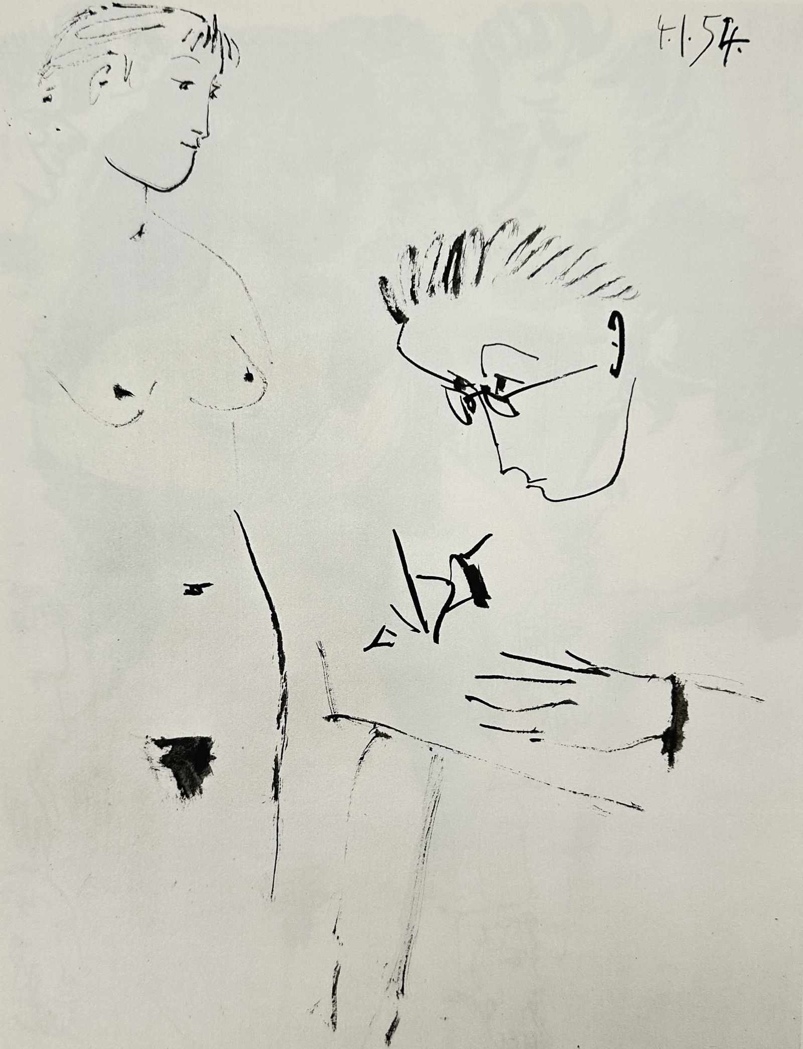 Pablo Picasso (1881-1973), after – Artist sketching a model – Offset print (20th Century): 4.1.54 depicts an artist sketching a female model. This work comes from the Picasso publications. Pablo Picasso was a Spanish painter, sculptor, printmaker, ceramicist, and stage designer who lived mo
