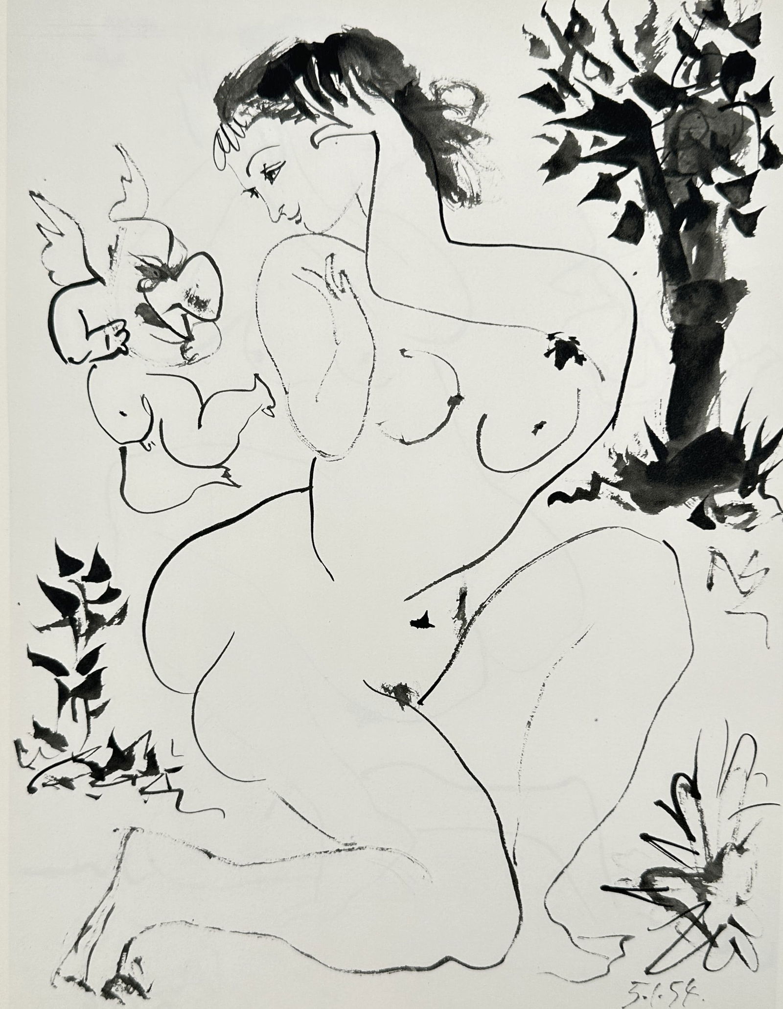 Pablo Picasso (1881-1973), after – Female nude with a winged figure – Offset print (20th: 3.1.54 depicts a kneeling female nude in a garden setting alongside a small winged figure. This work comes from the Picasso publications. Pablo Picasso was a Spanish painter, sculptor, printmaker, cer