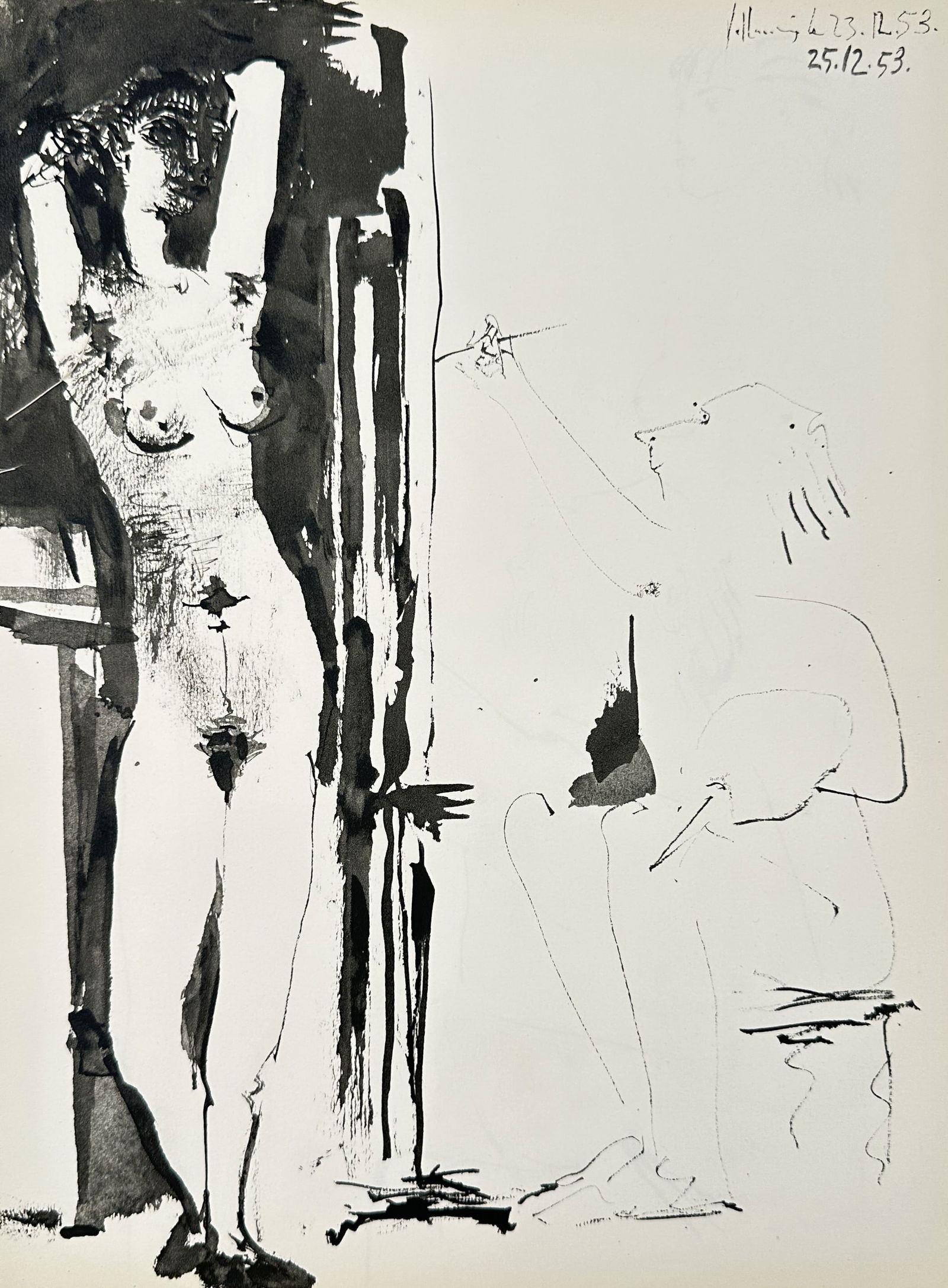Pablo Picasso (1881-1973), after – Artist sketching a nude model – Offset print (20th Century): The work depicts a standing female nude positioned before an artist working at an easel. This work comes from the Picasso publications. Pablo Picasso was a Spanish painter, sculptor, printmaker, ceram