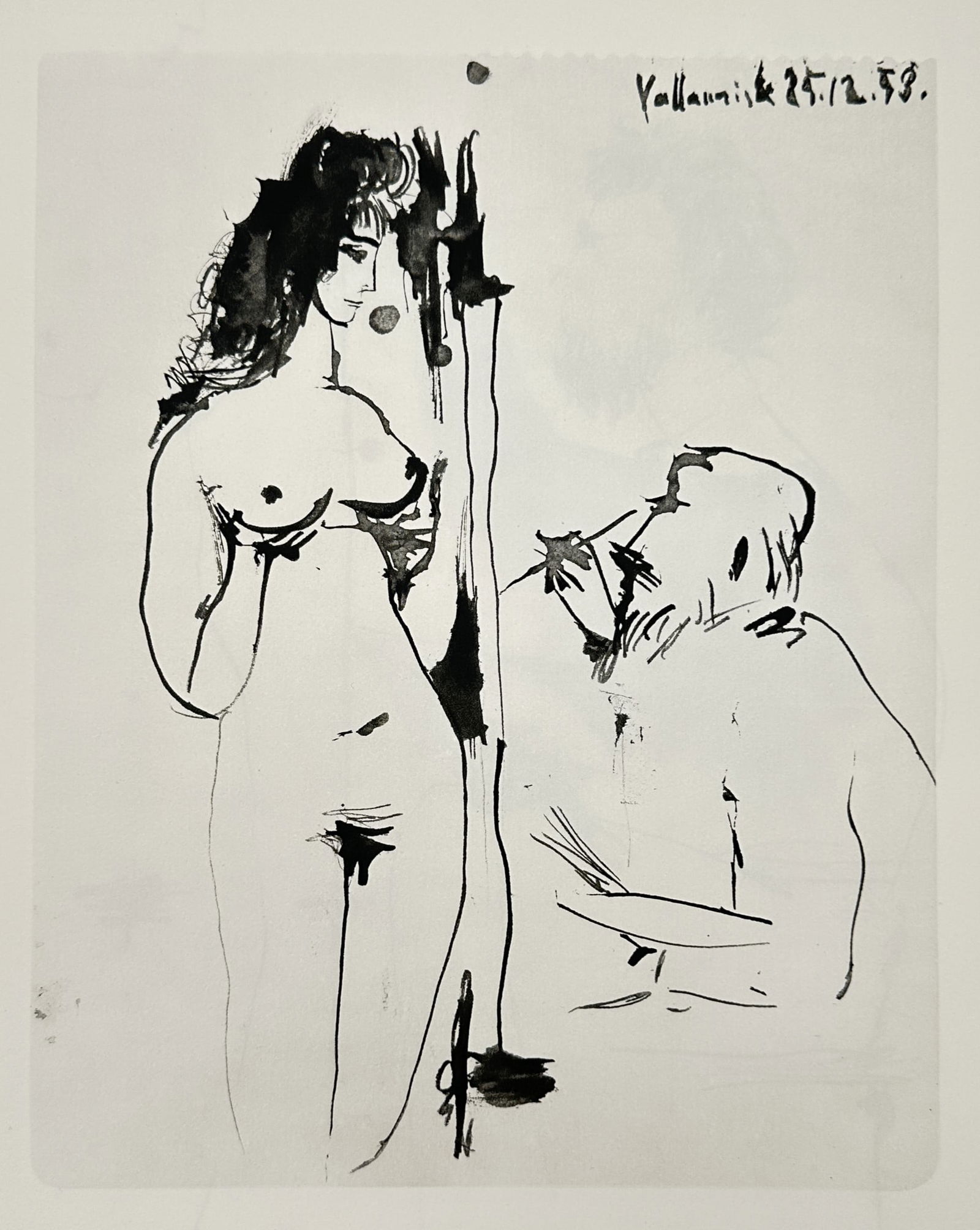 Pablo Picasso (1881-1973), after – Artist sketching a standing nude – Offset print (20th: 25.12.53 depicts a seated artist sketching a standing female nude figure. This work comes from the Picasso publications. Pablo Picasso was a Spanish painter, sculptor, printmaker, ceramicist, and stag