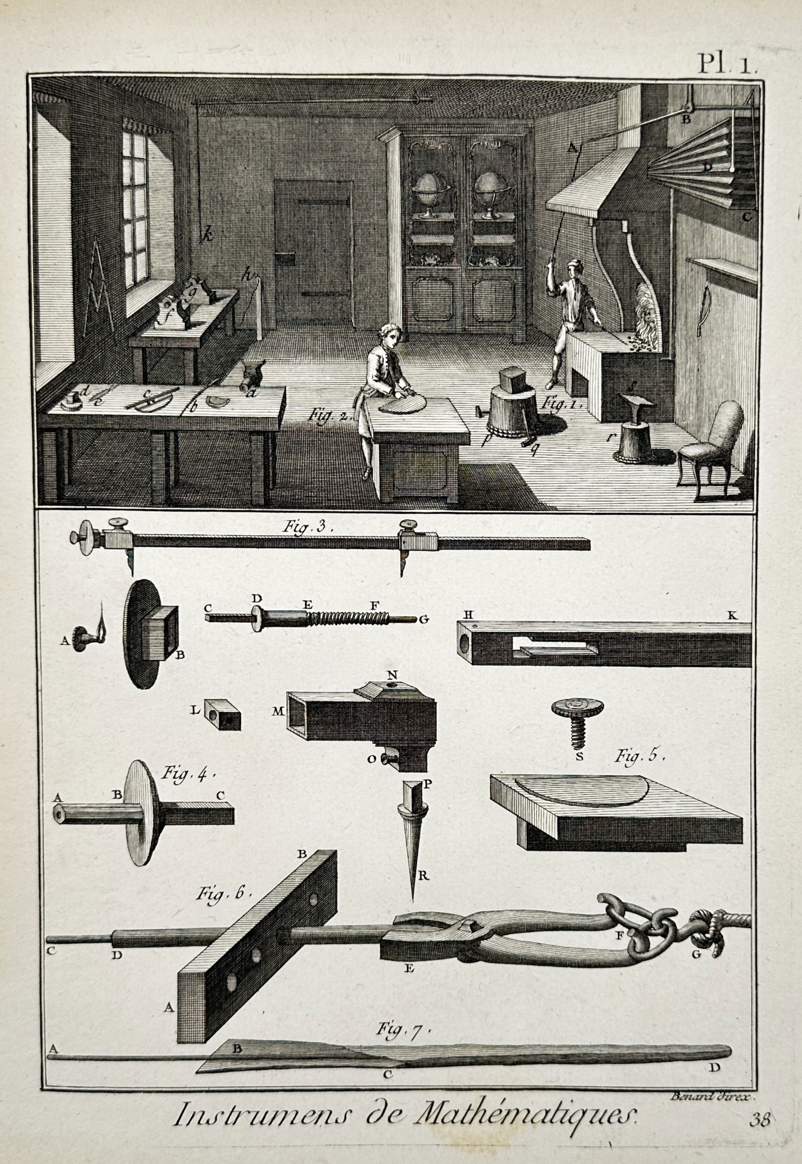 Robert Benard (1734-1777) – Workshop and tools for mathematical instruments – Engraving (1765) (1 of 2)