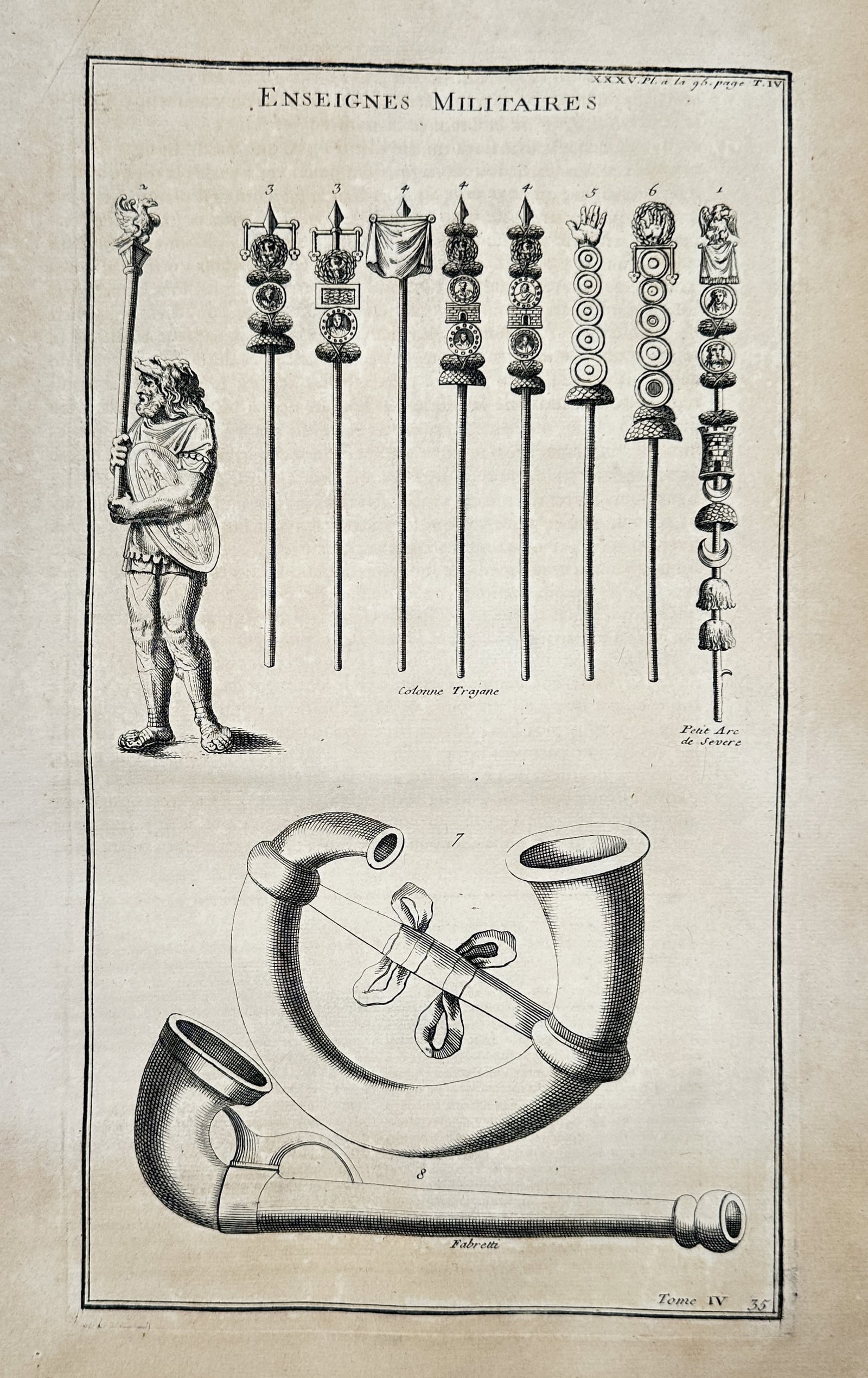 Bernard de Montfaucon (1655-1741) – View of Roman Military Ensigns and Horns – Engraving (1719): Enseignes Militaires depicts an array of Roman military standards and musical horns. This engraving originates from L'Antiquité expliquée et représentée en figures, a monumental scholarly work pub