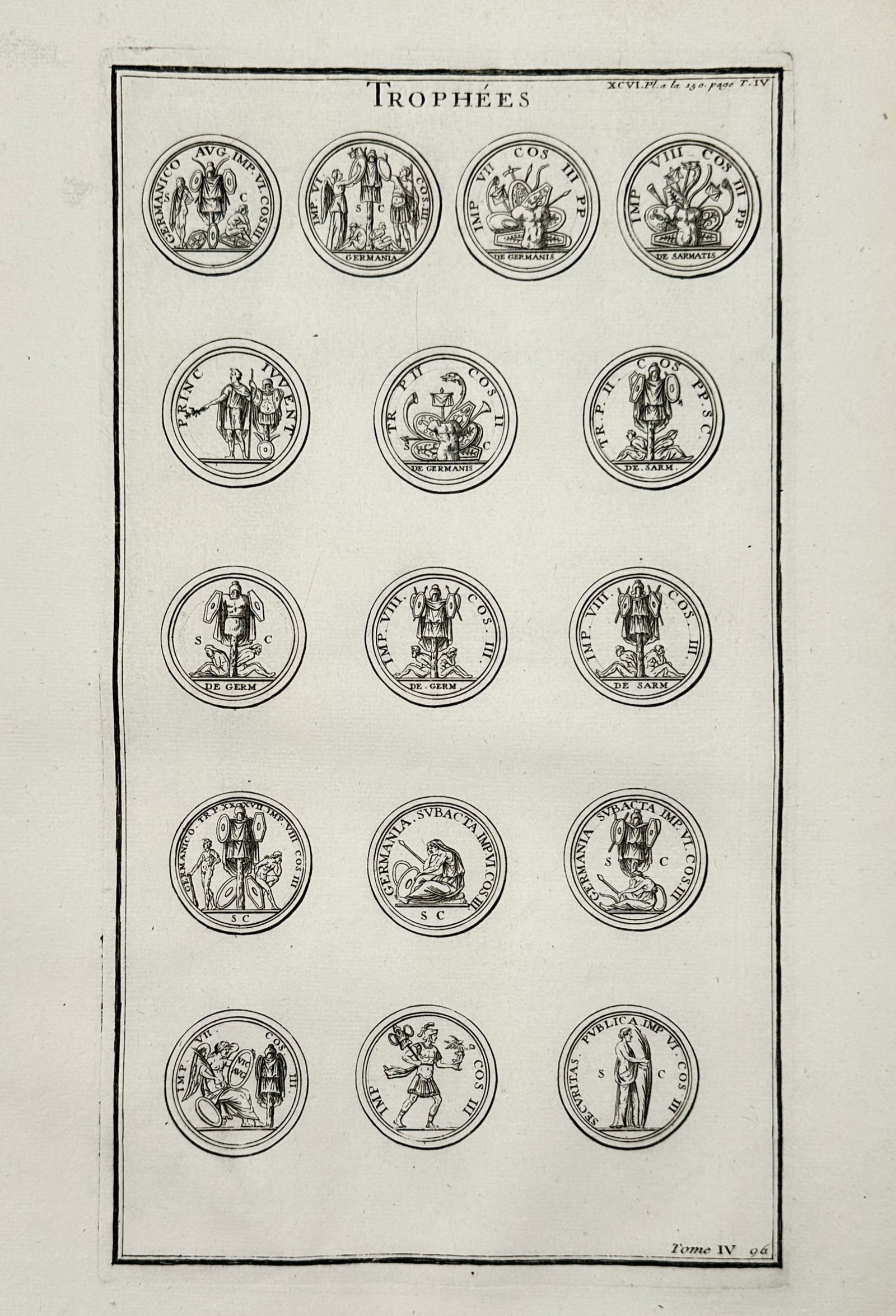 Bernard de Montfaucon (1655-1741) – View of Roman Military Trophy Medals – Engraving (1719): "Trophées" depicts multiple examples of Roman military trophies as featured on ancient coins or medals. This engraving originates from the scholarly series L'Antiquité expliquée et représentée en