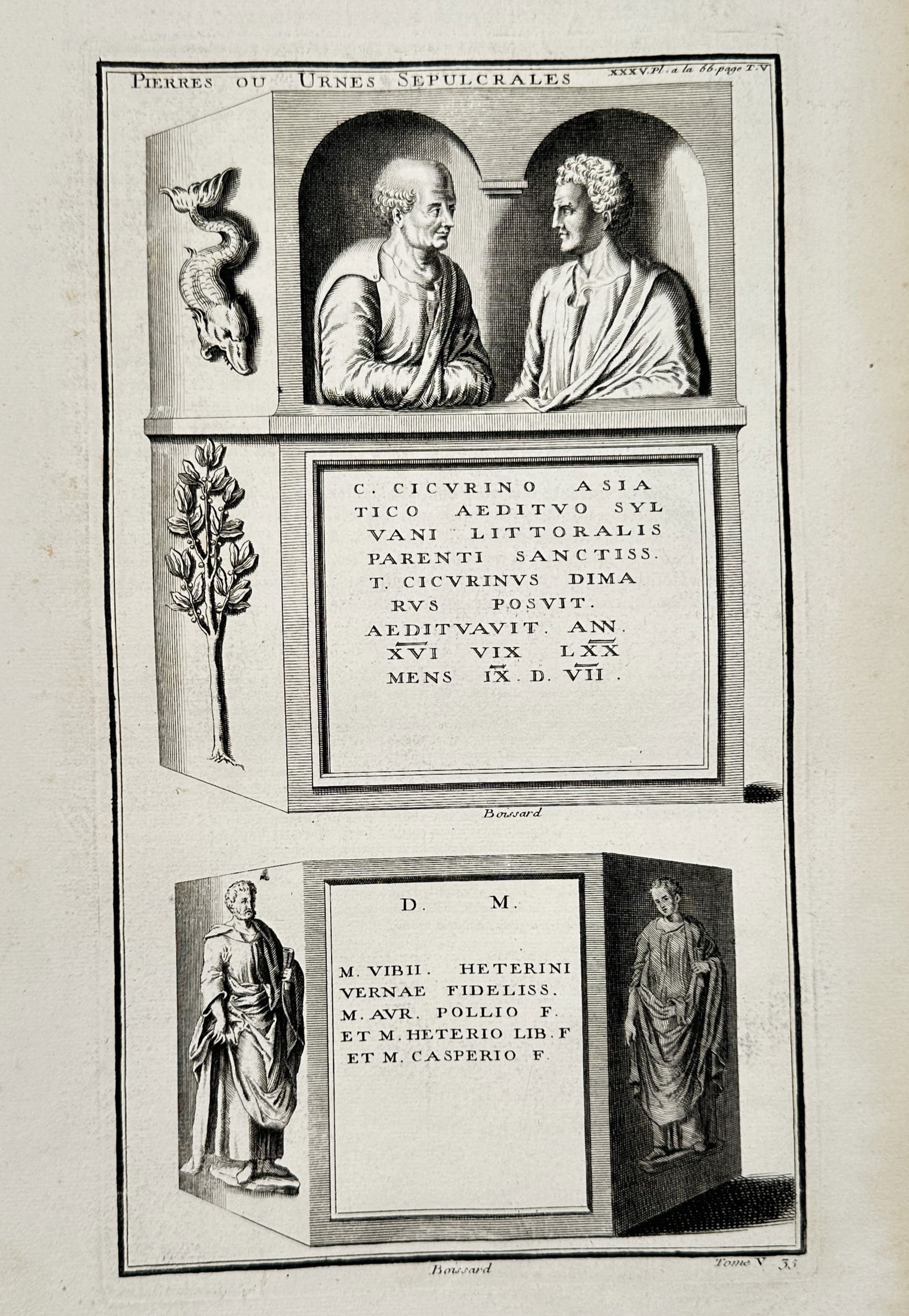 Bernard de Montfaucon (1655-1741) – View of Sepulchral Stones and Urns – Engraving (1719): Pierres ou Urnes Sepulcrales depicts ancient Roman sepulchral stones and funerary urns with inscriptions and sculptural figures. This engraving originates from the scholarly series L'Antiquité expliq