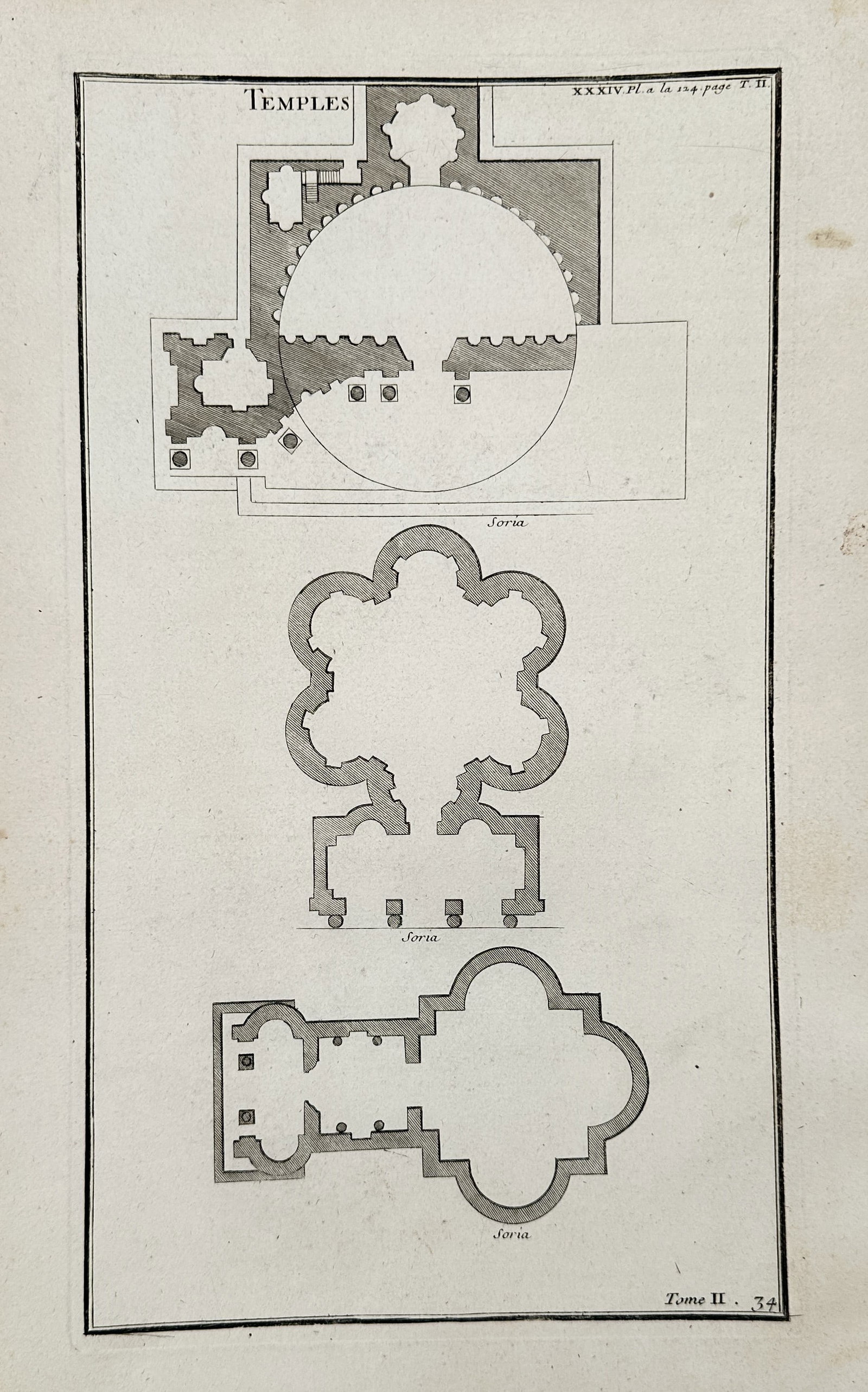 Bernard de Montfaucon (1655-1741) - Ground plans of ancient temples - Engraving (1719): Temples depicts various geometric architectural ground plans of ancient structures. This engraving originates from the scholarly series L'Antiquité expliquée et représentée en figures, published i