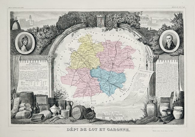 Victor Levasseur (1800–1870) – Map of the Department of Lot and Garonne (France): Dept de Lot et Garonne. This engraving presents a detailed geographical map of the Lot-et-Garonne department in southwestern France, situated at the confluence of the Lot and Garonne rivers. The centr