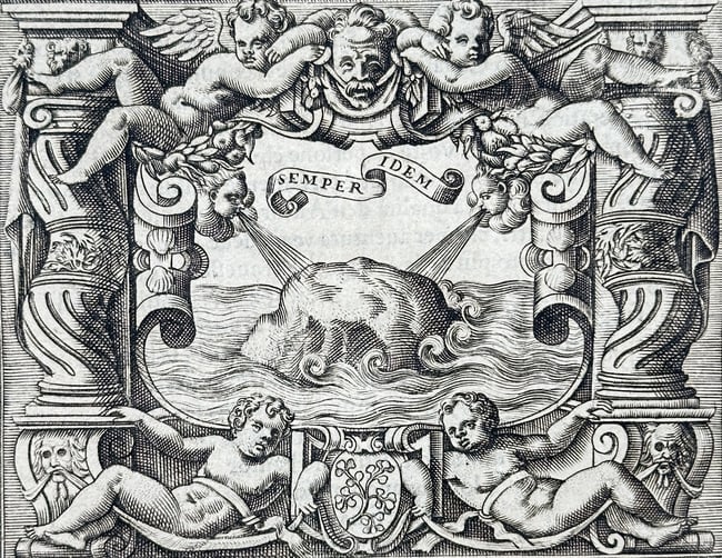 Girolamo Ruscelli (1504-1566) – Semper Idem – Woodcut (1584): Semper Idem" This print depicts an emblem featuring a rocky island standing firm amidst a turbulent sea, symbolizing resilience and steadfastness. Above the central image, a ribbon bears the Latin mot