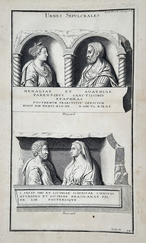 Bernard de Montfaucon (1655-1741) – View of ancient sepulchral urns – Engraving: "Urnes Sepulcrales." This engraving features two distinct depictions of Roman funerary monuments. The left section shows a rectangular stone sarcophagus or niche containing the sculpted relief busts o