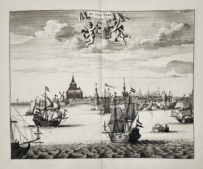 Mattheus Smallegange (1624–1710) – Panoramic view of the city of Veere – Engraving: De Stad Vere. This engraving presents a detailed panoramic view of the city of Veere from the water. The composition shows the city skyline dominated by the massive Grote Kerk and other prominent civi