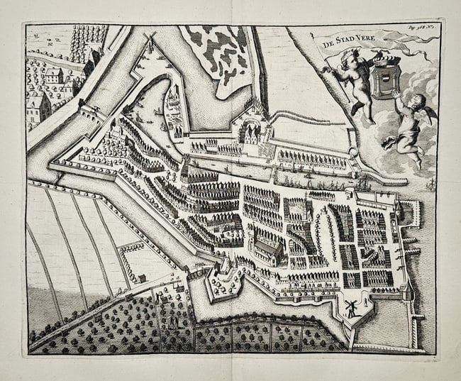 Mattheus Smallegange (1624–1710) – View of the city of Veere – Engraving (1696): De Stad Vere. This engraving presents a detailed bird eye view of the fortified city of Veere in the province of Zeeland. The composition illustrates the complex network of defensive walls, bastions,