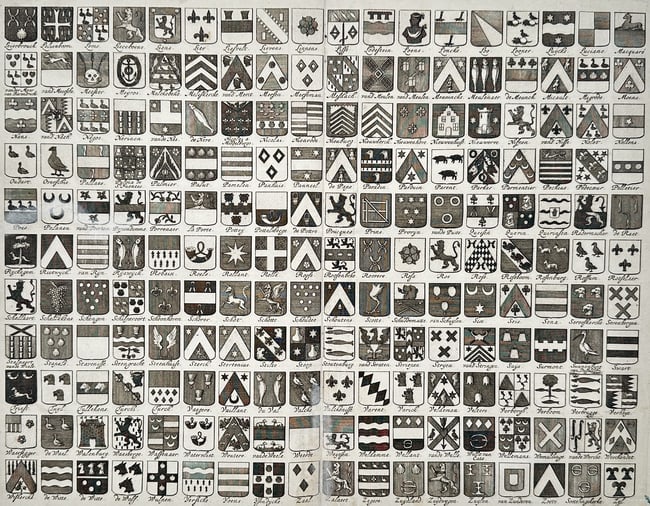 Mattheus Smallegange (1624–1710) – Heraldic collection of Zeeland family arms: Zeeland Veredelt. This engraving presents an extensive grid of individual family coats of arms belonging to the noble and regent families of the province of Zeeland. The plate features over one hundre
