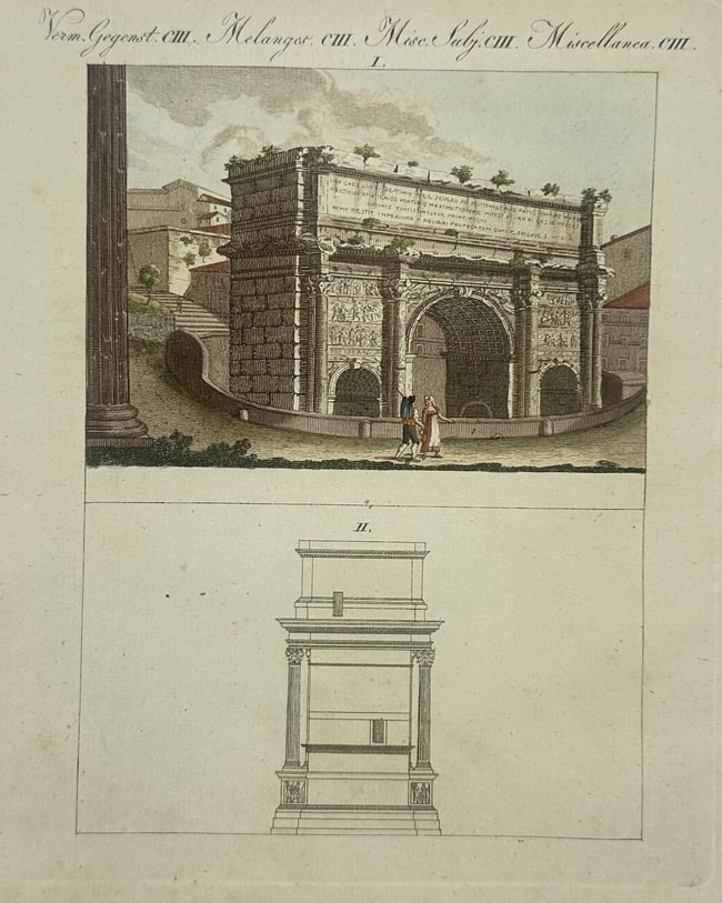 Friedrich Justin Bertuch (1747–1822) – View of the Arch of Constantine and an Architectural: "View of the Arch of Constantine and an Architectural Pedestal" consists of two hand-coloured etchings featuring classical Roman architecture and design elements. The upper image illustrates the Arch 